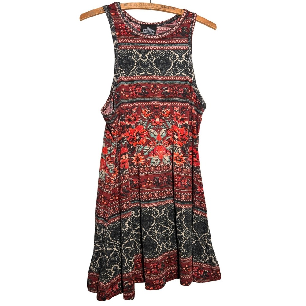 Angie Womens S Boho Floral Damask Sleeveless Mini Trapeze Dress festival hippie